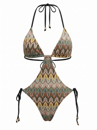 Maillot de Bain Une Pièce Marron Bohème Froncé Années 1970
