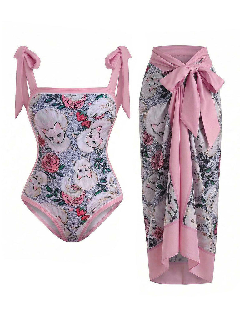 [Prévente] Maillot de Bain Une Pièce Floral Imprimé Chat et Cache-Maillot Années 1960