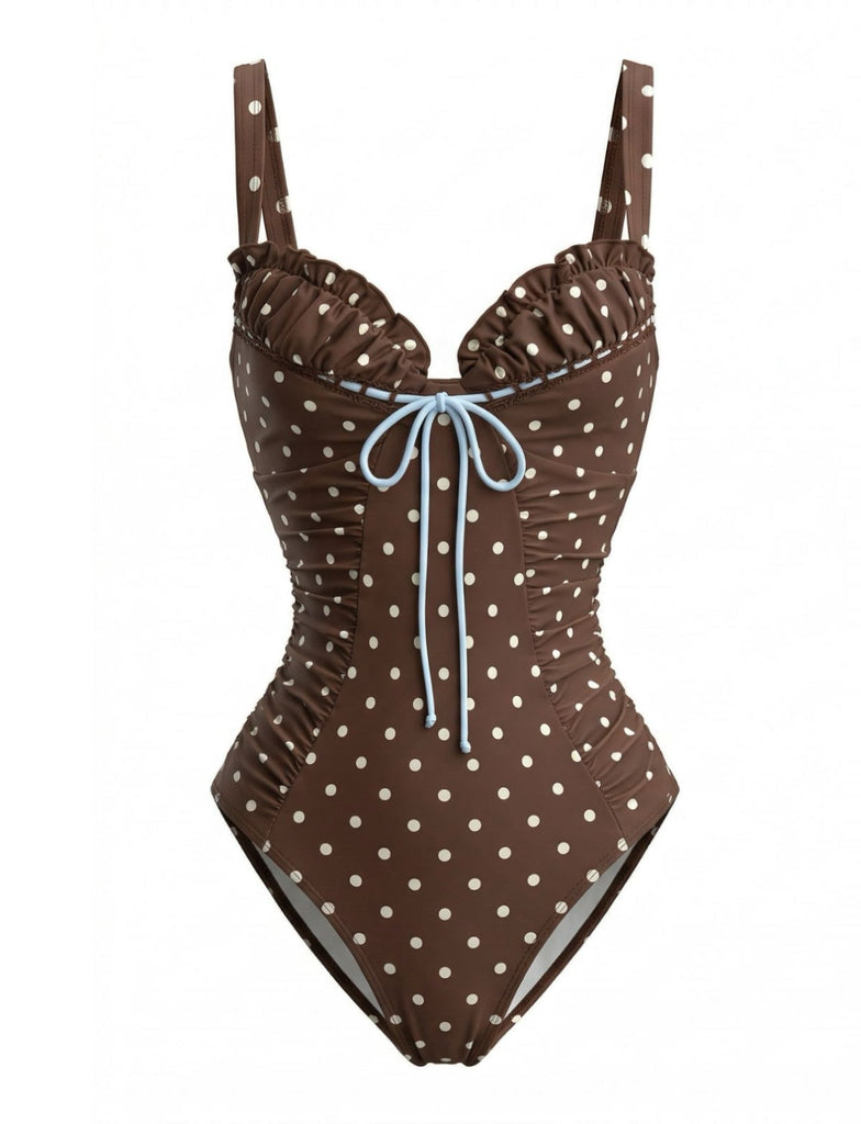 [Prévente] Maillot de Bain Colorblock à Pois Café Clair Années 1960