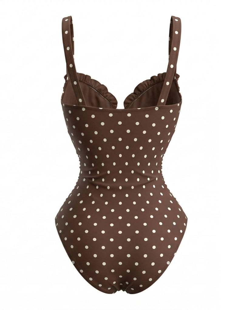 [Prévente] Maillot de Bain Colorblock à Pois Café Clair Années 1960 2