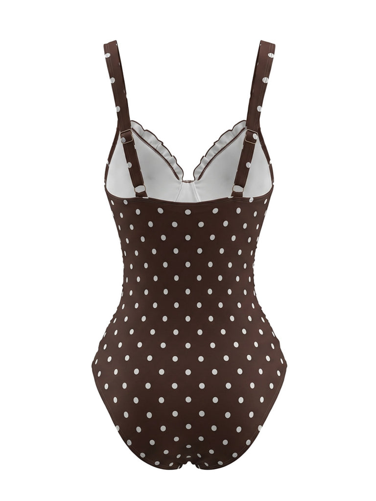 Maillot de bain colorblock pois couleur café clair années 1960