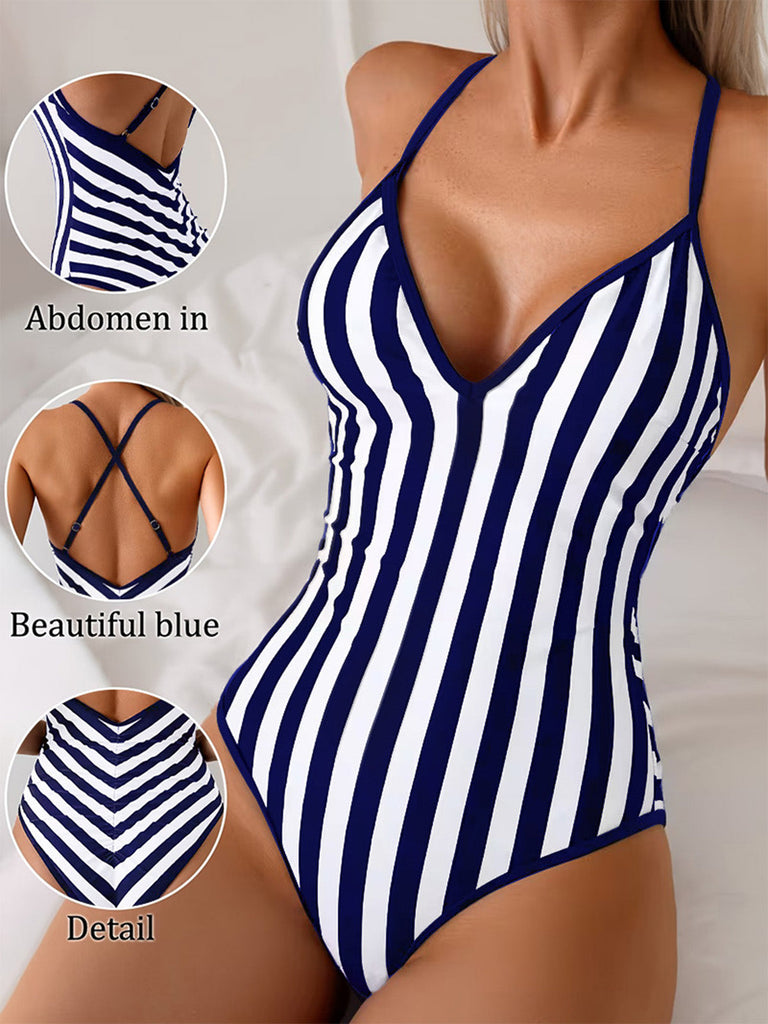 Maillot de Bain Une Pièce Rayé Bleu Marine Années 1980 4