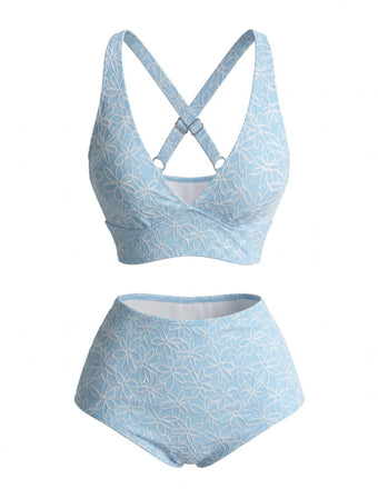 Bikini Taille Haute Dos Croisé Floral Bleu Clair Années 80