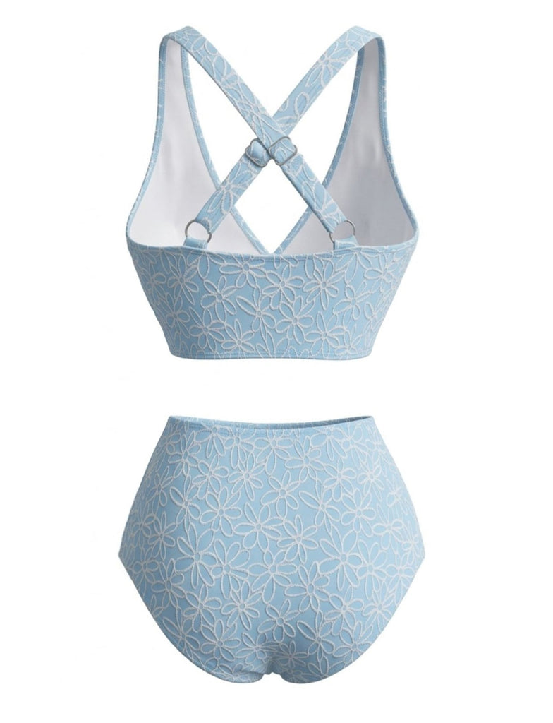 Bikini Taille Haute Dos Croisé Floral Bleu Clair Années 80