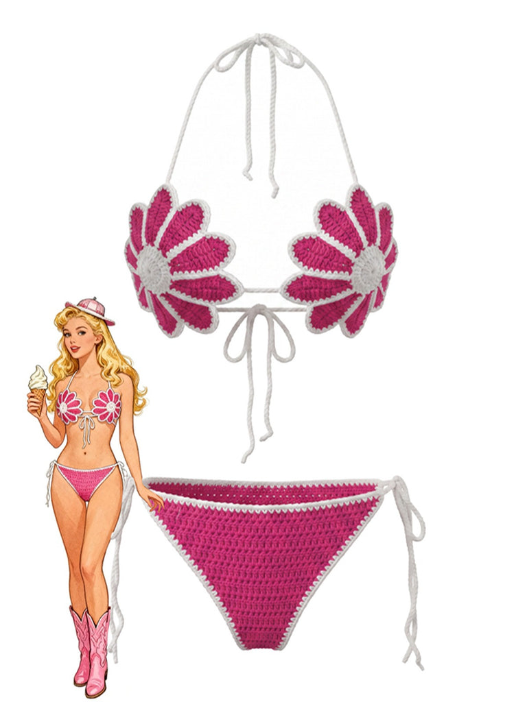 Ensemble bikini rouge rose motifs floraux crocheté la main années 1980
