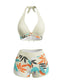 Bikini Col Licou Imprimé Feuilles Jaune Clair Années 50