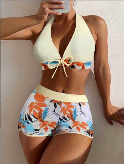 Bikini Dos-Nu Imprimé Feuilles Jaune Clair Années 50