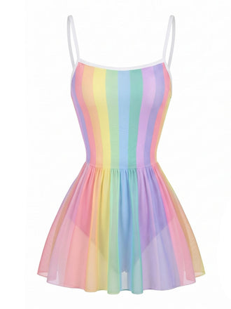 [Prévente] Maillot de Bain à Jupe Une Pièce Rayures Arc-en-Ciel Multicolore Années 1940 2