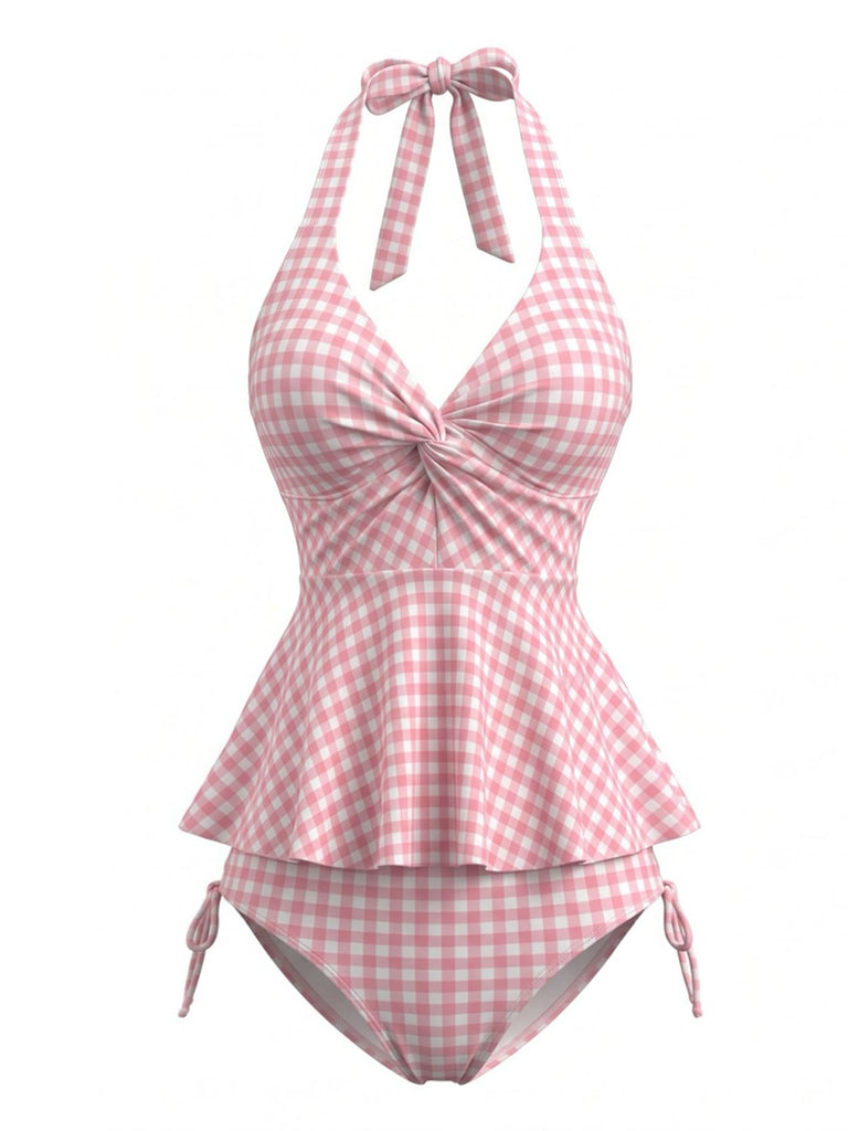 Ensemble tankini rose carreaux Vichy dos nu et volants années 50