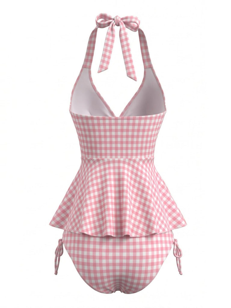 Ensemble tankini rose carreaux Vichy dos nu et volants années 50