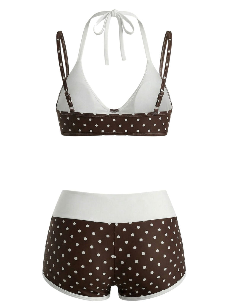 [Prévente] Maillot de Bain à Pois Double Couche Marron Années 1950 2