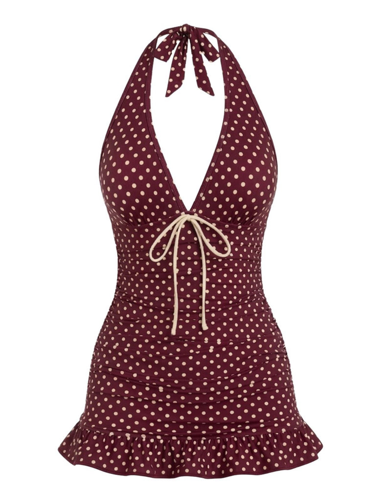 Maillot de bain bordeaux dos nu à pois années 40