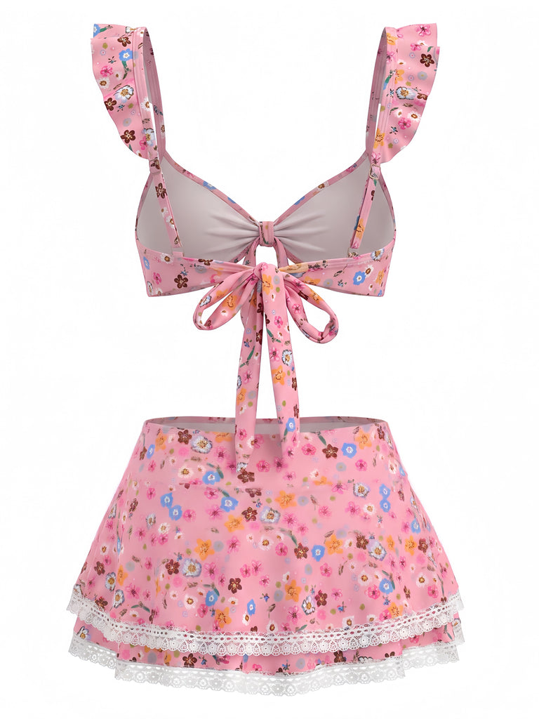 Ensemble Bikini à Volants Floral avec Dentelle Années 1940 6