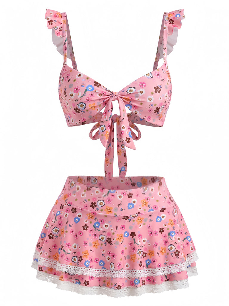 Ensemble Bikini à Volants Floral avec Dentelle Années 1940 2