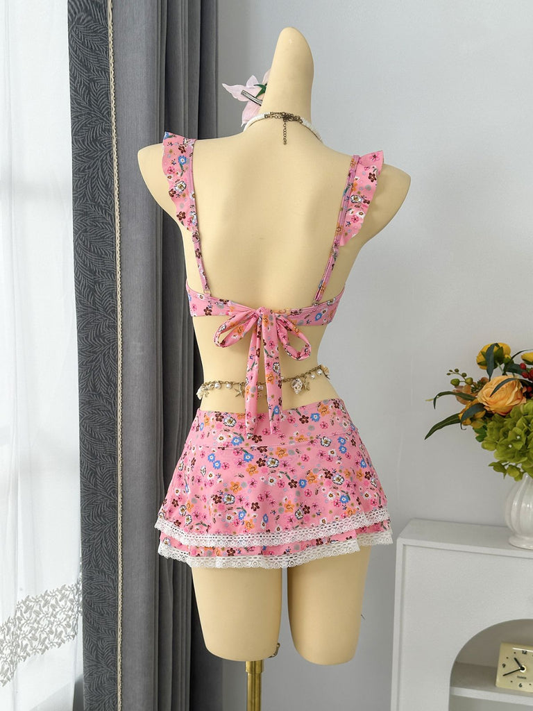 Ensemble Bikini à Volants Floral avec Dentelle Années 1940 5