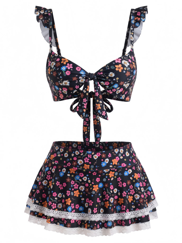 Ensemble Bikini à Volants Floral avec Dentelle Années 1940 11
