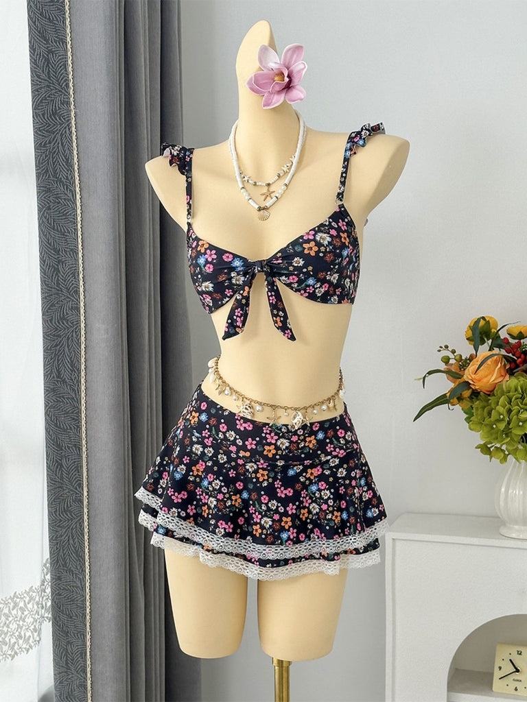 Ensemble Bikini à Volants Floral avec Dentelle Années 1940 12