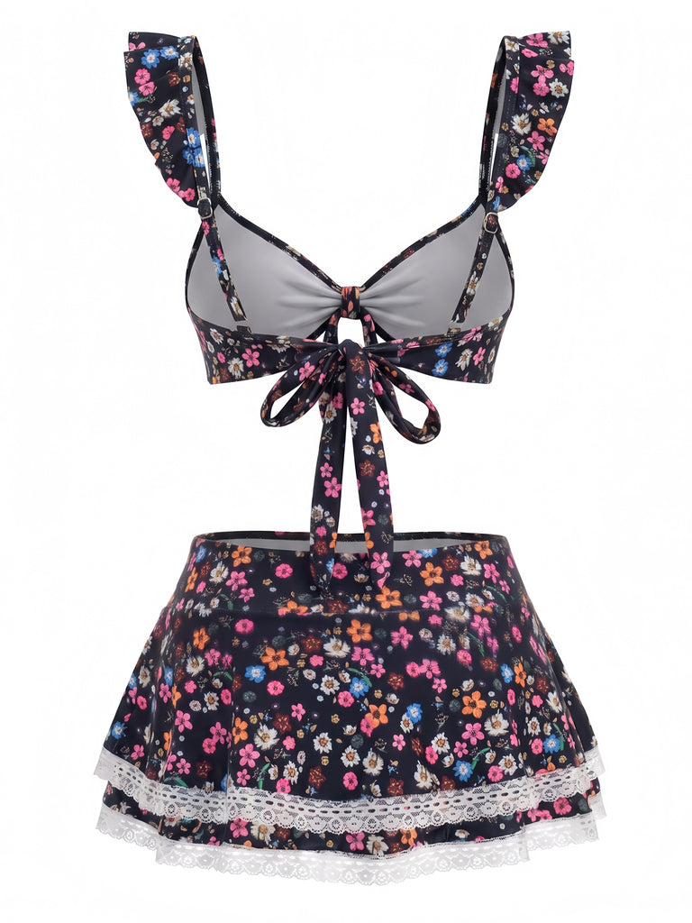 Ensemble Bikini à Volants Floral avec Dentelle Années 1940 14