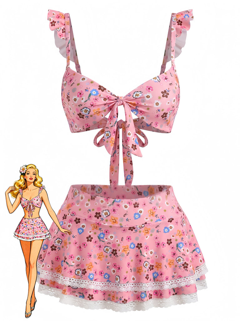 Ensemble Bikini à Volants Floral avec Dentelle Années 1940