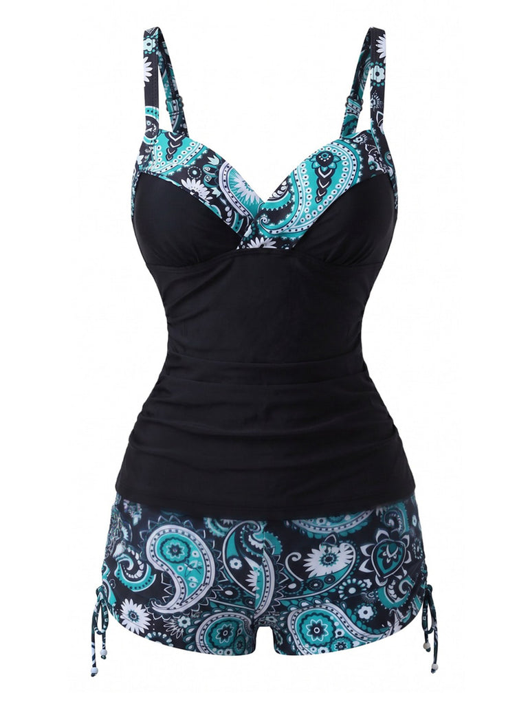 Tankini Noir bohème col V bretelles années 70
