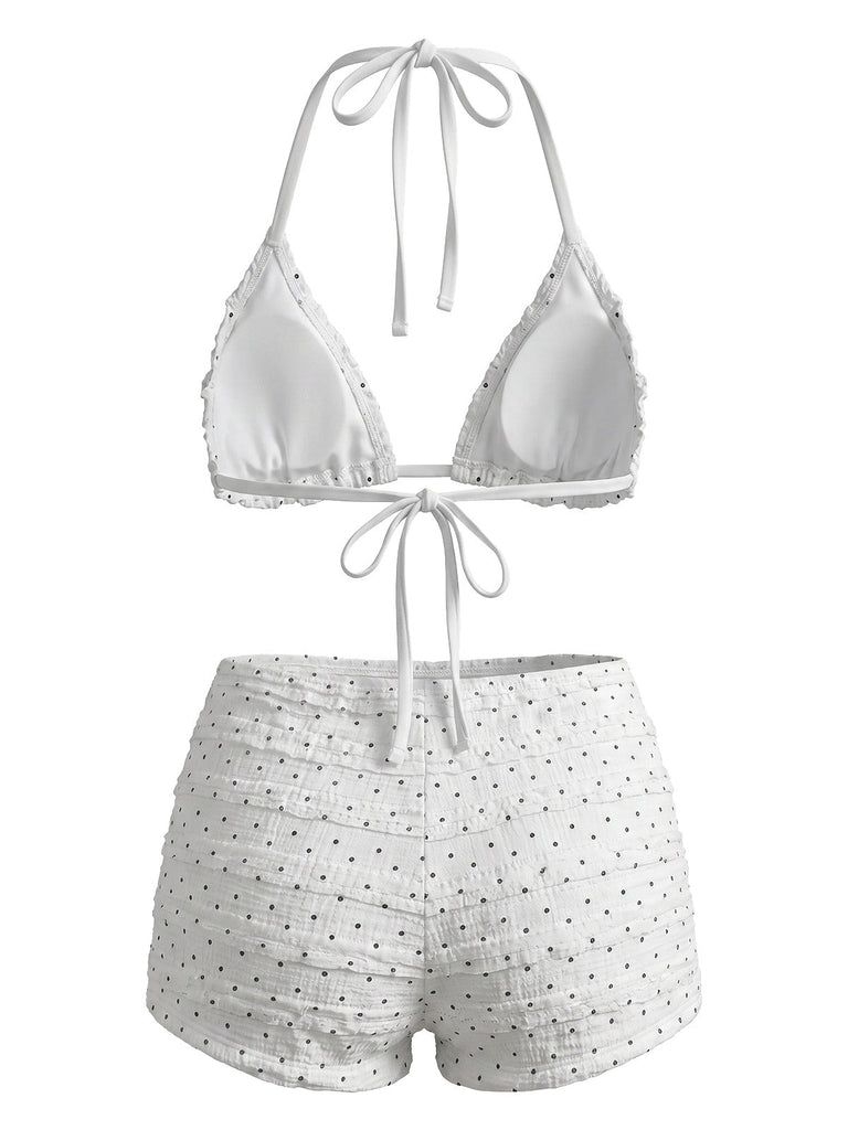 Ensemble Bikini Halter Froncé à Pois Blanc Années 1950 5