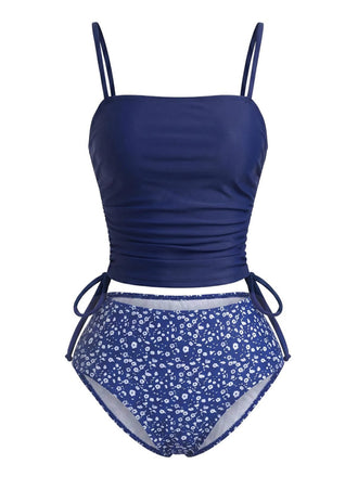 Ensemble tankini bleu marine motifs floraux et taille cordon serrage années 1950