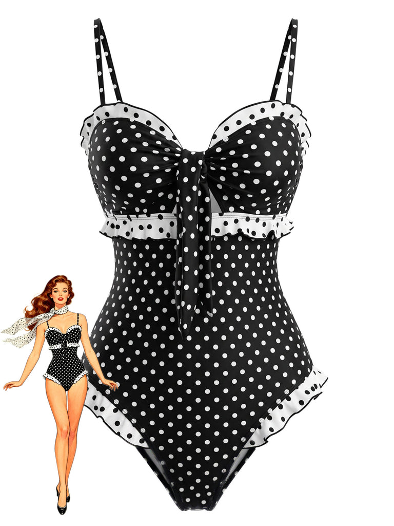 Maillot de Bain Une Pièce à Pois Volants Patchwork Années 1940