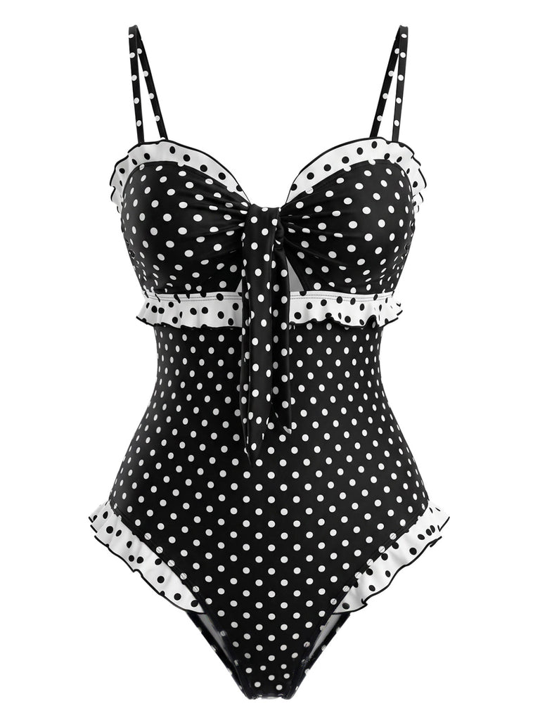 Maillot de Bain Une Pièce à Pois Volants Patchwork Années 1940 2