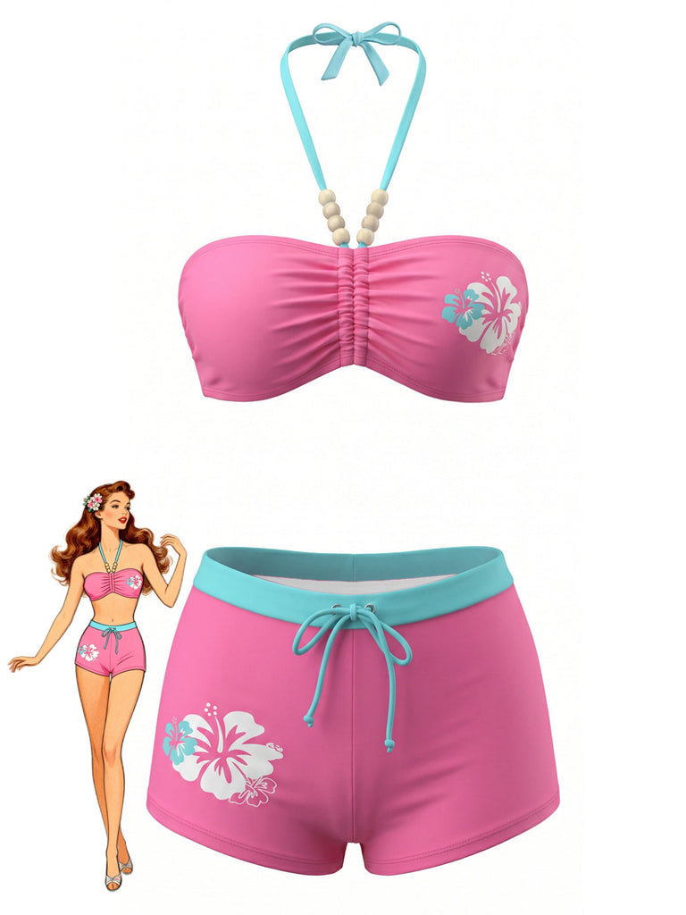 Ensemble Bikini Halter Froncé Imprimé Floral Rose Années 1980
