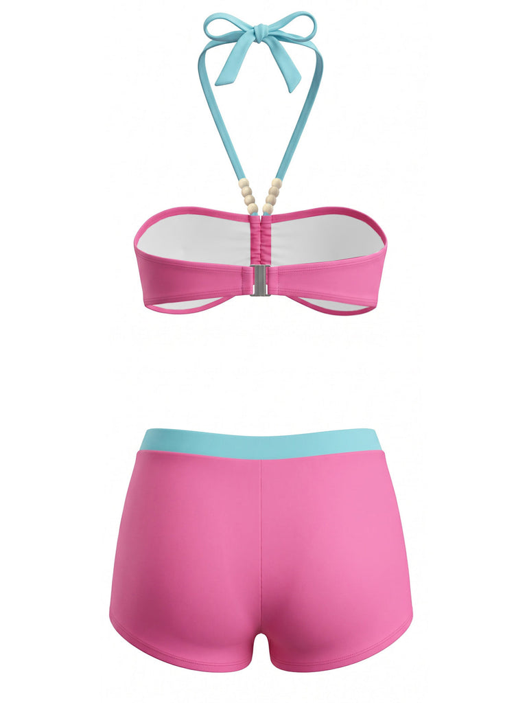 Ensemble Bikini Halter Froncé Imprimé Floral Rose Années 1980 3