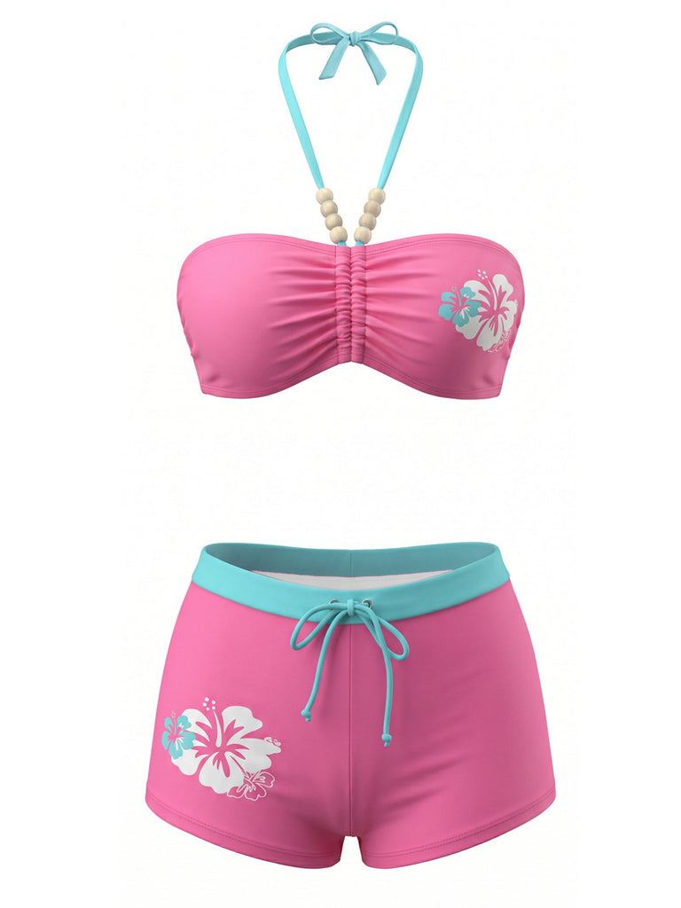 Ensemble Bikini Halter Froncé Imprimé Floral Rose Années 1980 2