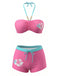 Ensemble Bikini Halter Froncé Imprimé Floral Rose Années 1980 2