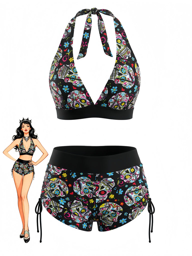 Ensemble Bikini Gothique Halter Crâne en Sucre Multicolore Années 1980