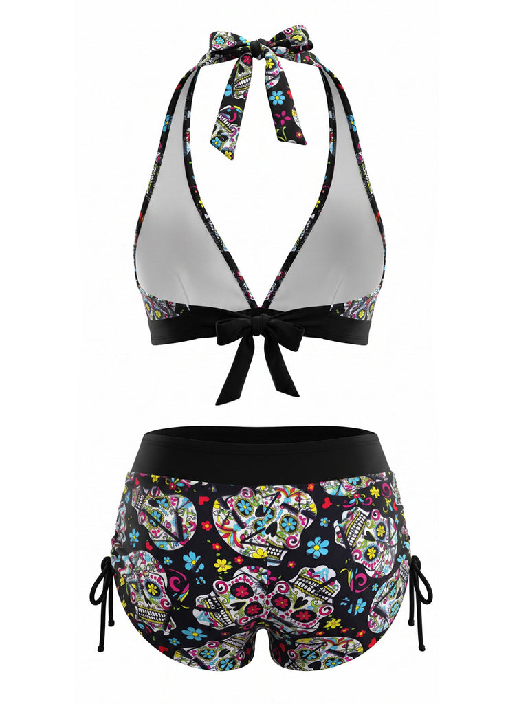 Ensemble Bikini Gothique Halter Crâne en Sucre Multicolore Années 1980 3