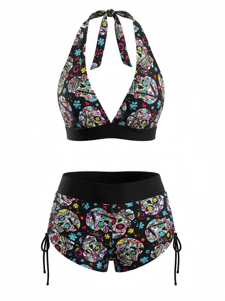 Ensemble Bikini Gothique Halter Crâne en Sucre Multicolore Années 1980 2