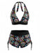 Ensemble Bikini Gothique Halter Crâne en Sucre Multicolore Années 1980 2