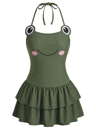 [Prévente] Maillot de Bain à Jupe à Volants Dos Nu Imprimé Grenouille Vert années 50 2