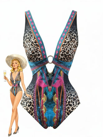 Maillot de Bain 1 Pièce Col V Profond Léopard Années 80