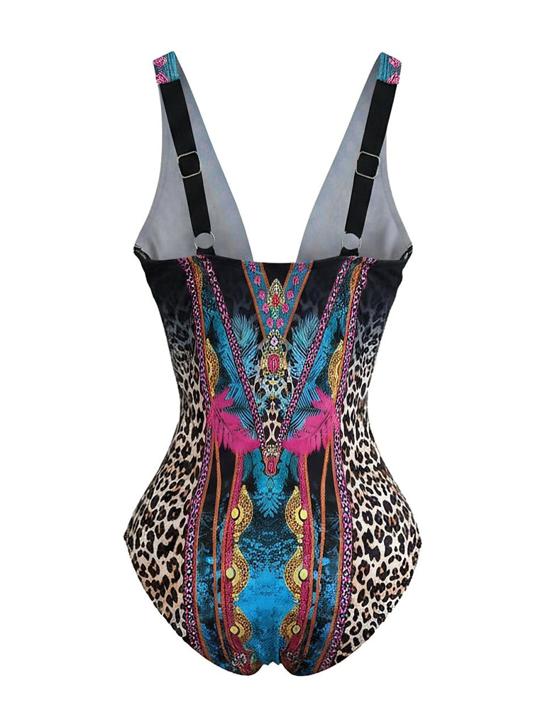 Maillot de Bain 1 Pièce Col V Profond Léopard Années 80