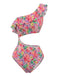 Maillot de Bain Fruits Asymétrique à Volants Découpé Rose Années 1980 2