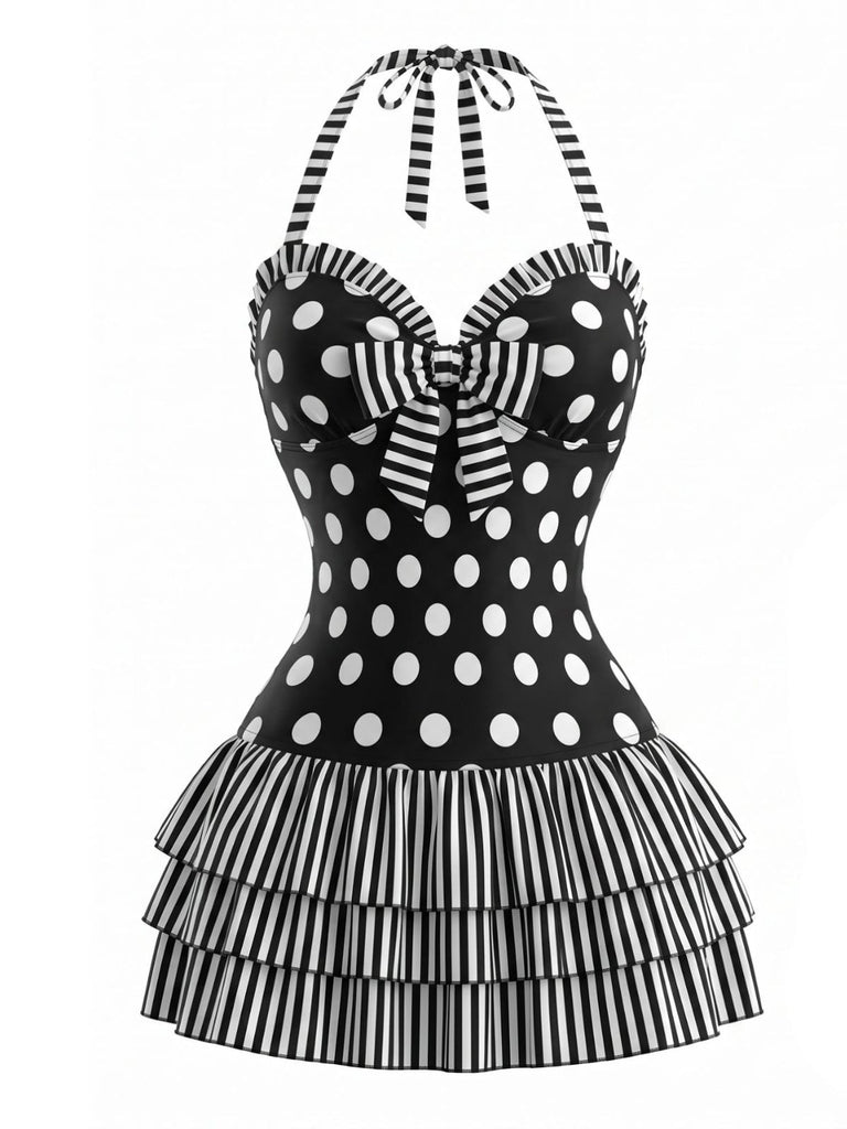[Prévente] Maillot de Bain à Jupe Une Pièce Halter à Pois avec Nœud Noir Années 1940
