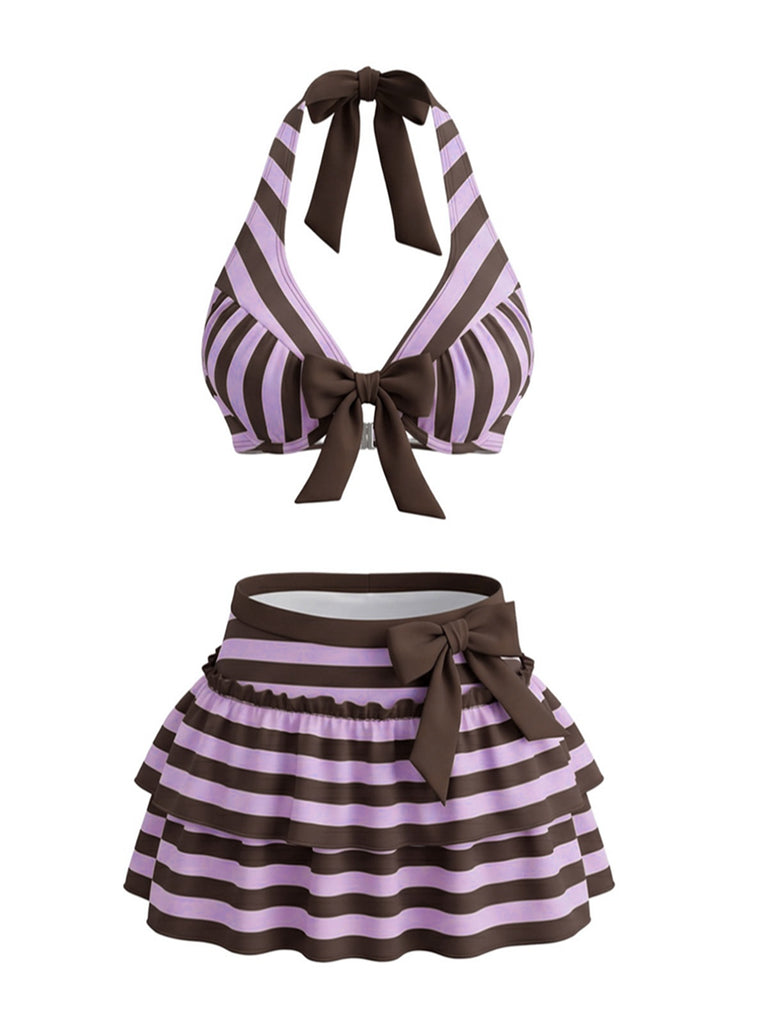 Ensemble bikini violet rayé dos nu nœud et volants années 1950