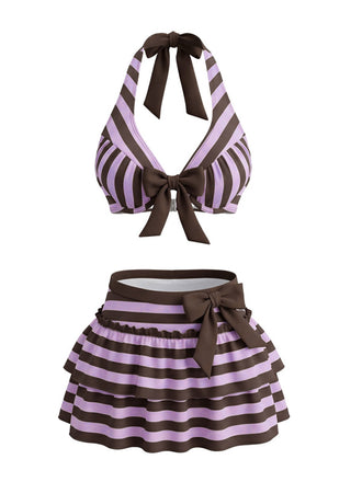 Ensemble bikini violet rayé dos nu nœud et volants années 1950