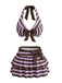 Ensemble bikini violet rayé dos nu nœud et volants années 1950