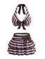 Ensemble bikini violet rayé dos nu nœud et volants années 1950