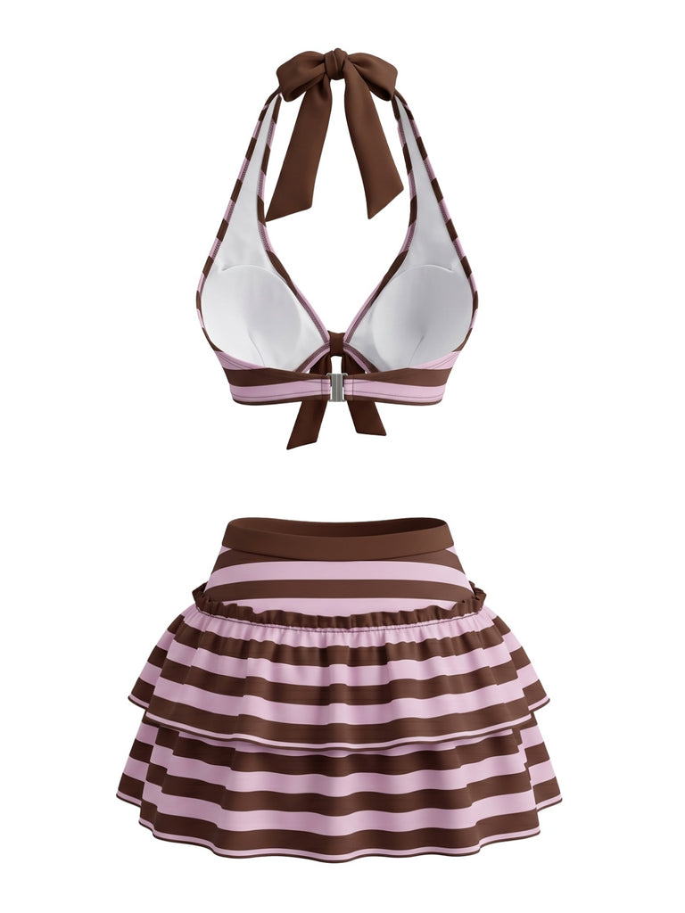 Ensemble bikini violet rayé dos nu nœud et volants années 1950