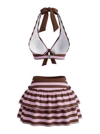 Ensemble bikini violet rayé dos nu nœud et volants années 1950