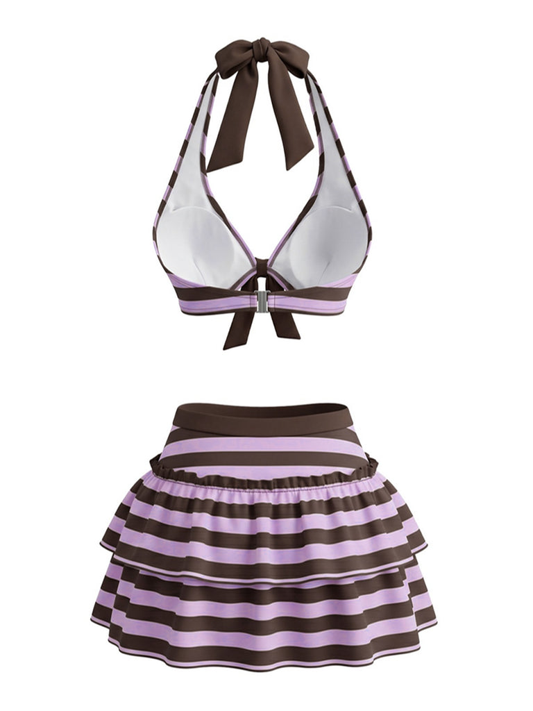 Ensemble bikini violet rayé dos nu nœud et volants années 1950