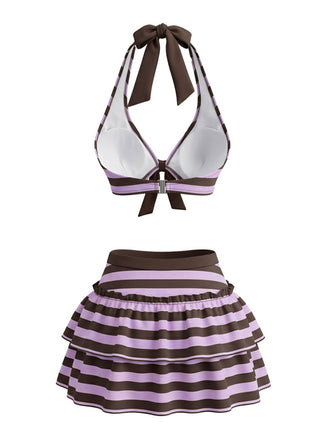 Ensemble bikini violet rayé dos nu nœud et volants années 1950