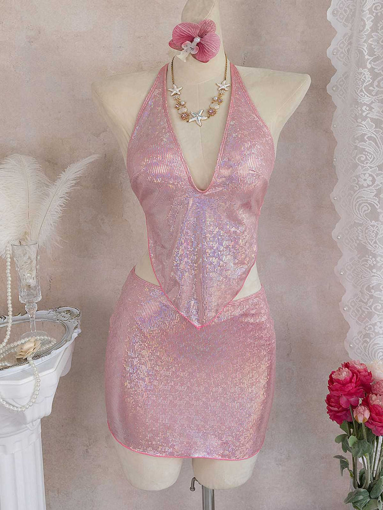 Bikini Sequin Métallisé et Cache-Maillot Rose Années 60